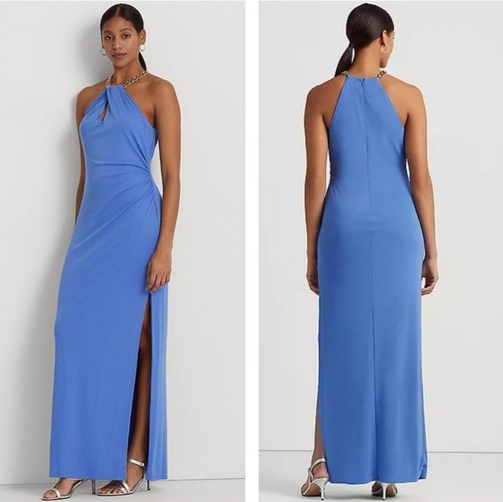 Lauren Ralph Lauren LRL Blue Jersey Gold Chain Halter Neck Formal Gown Size 10